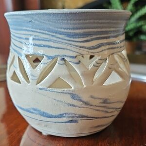 Signed Handcrafted Blue and Cream Ceramic Luminary, "Finley 1994"